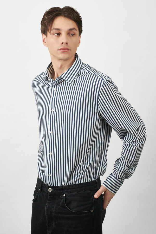 Dark blue striped square collar knitted shirt