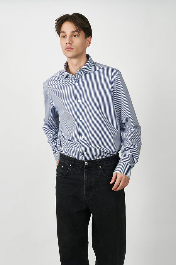 Blue striped Windsor collar knitted shirt