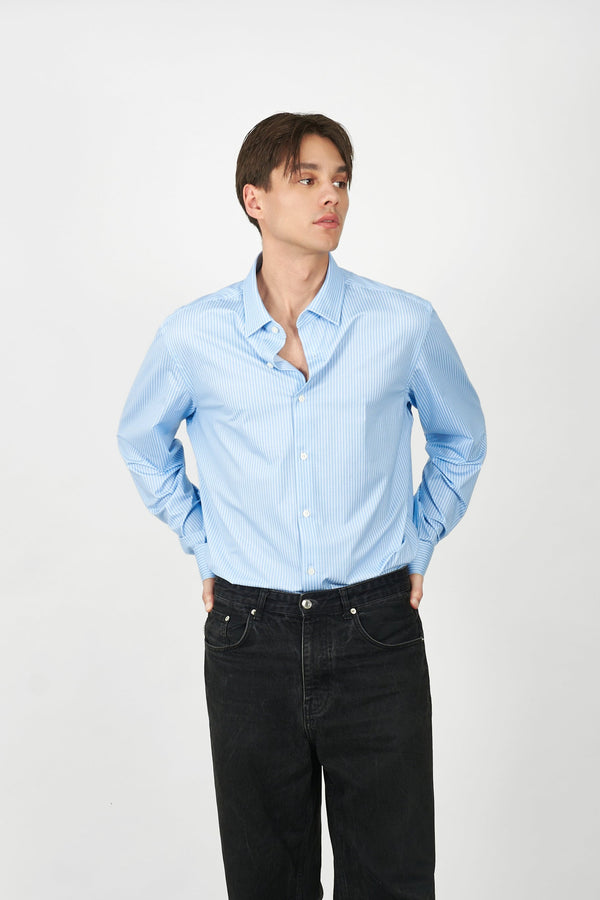 Blue fine stripe Windsor collar slim fit knitted shirt