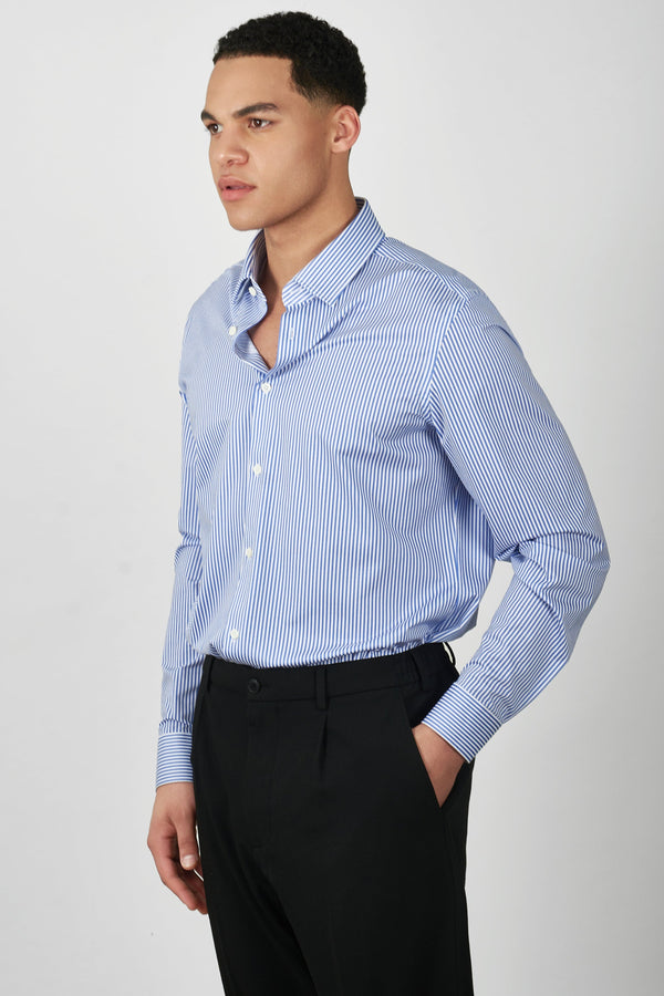 Navy blue striped square collar slim fit knitted shirt